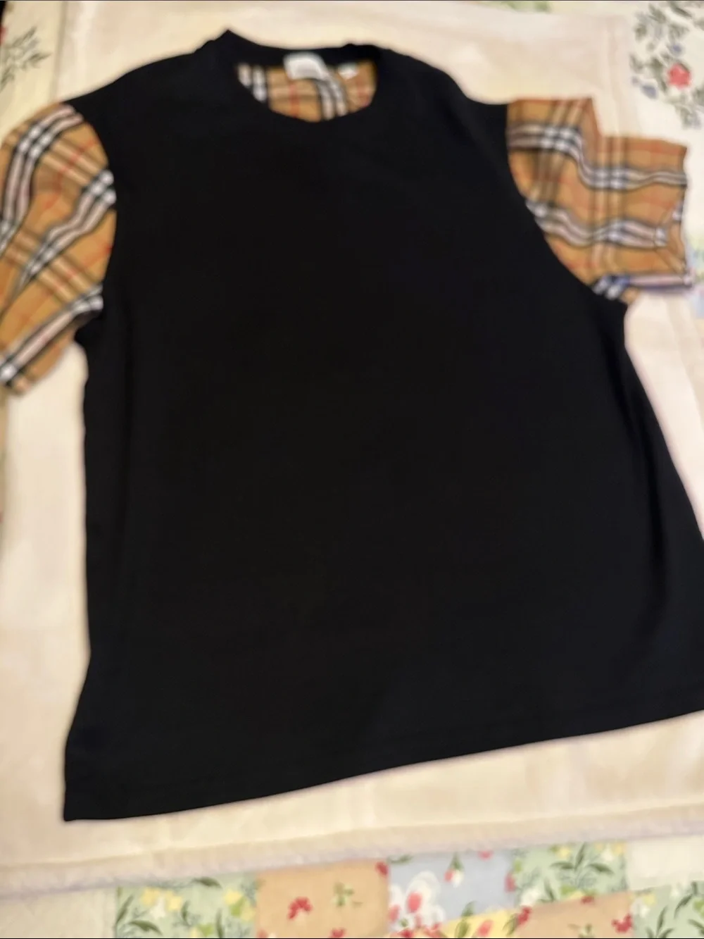 Burberry Black Tee with Tan Plaid Sleeves